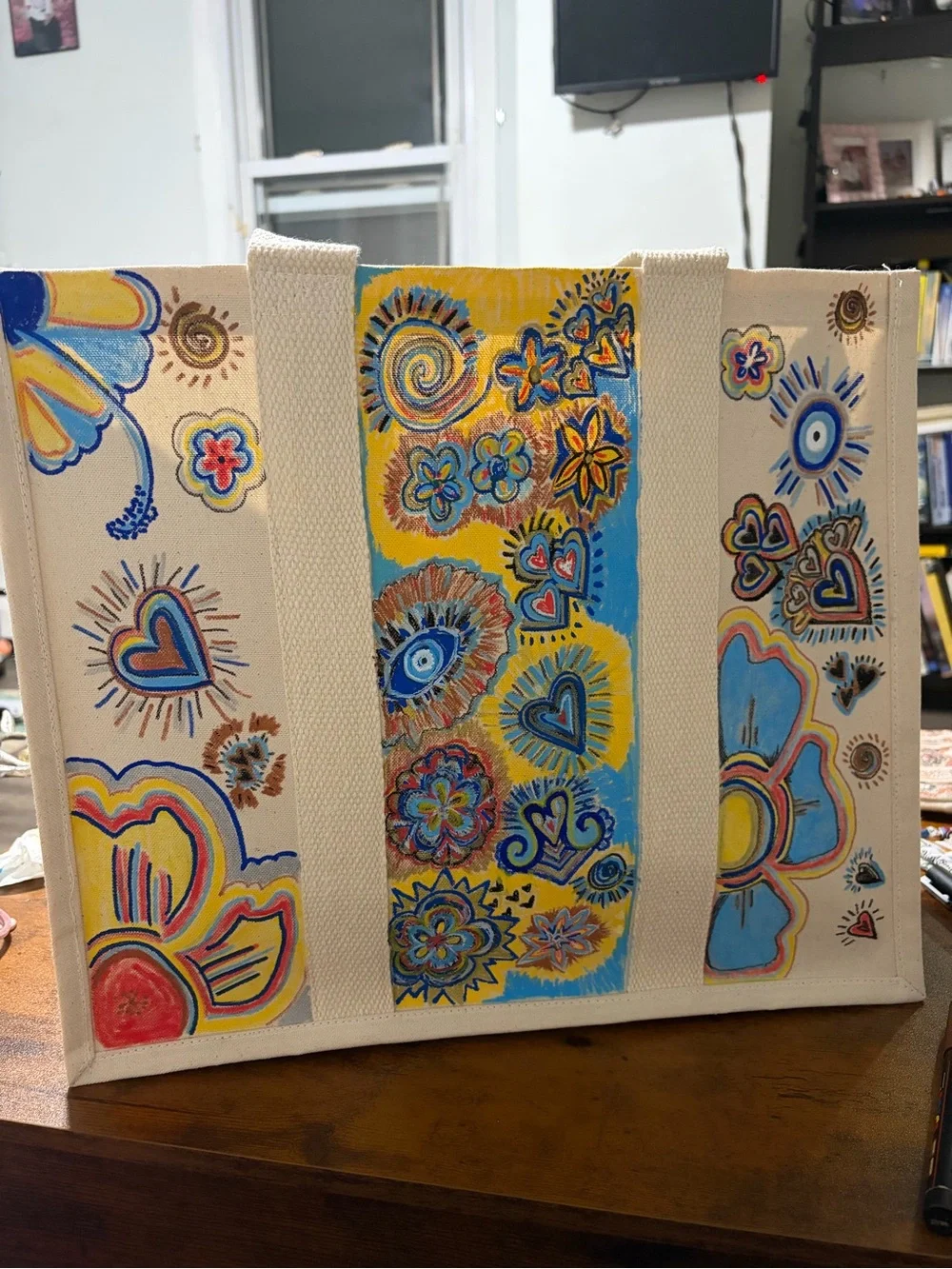 Hand-Painted Floral & Heart Canvas Tote - Bright Blues & Yellows